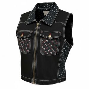 Carole Little Sport Black Zip Vest XL Star Moon Western Denim Style Vintage